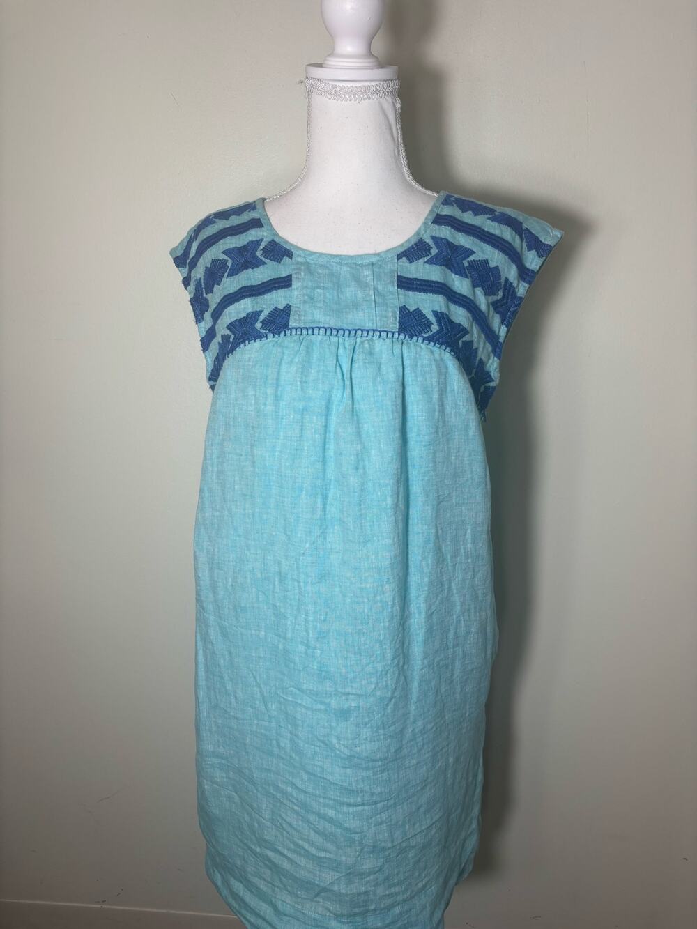 Roller Rabbit Teal Sleeveless Embroidered Linen Dress Sz XS